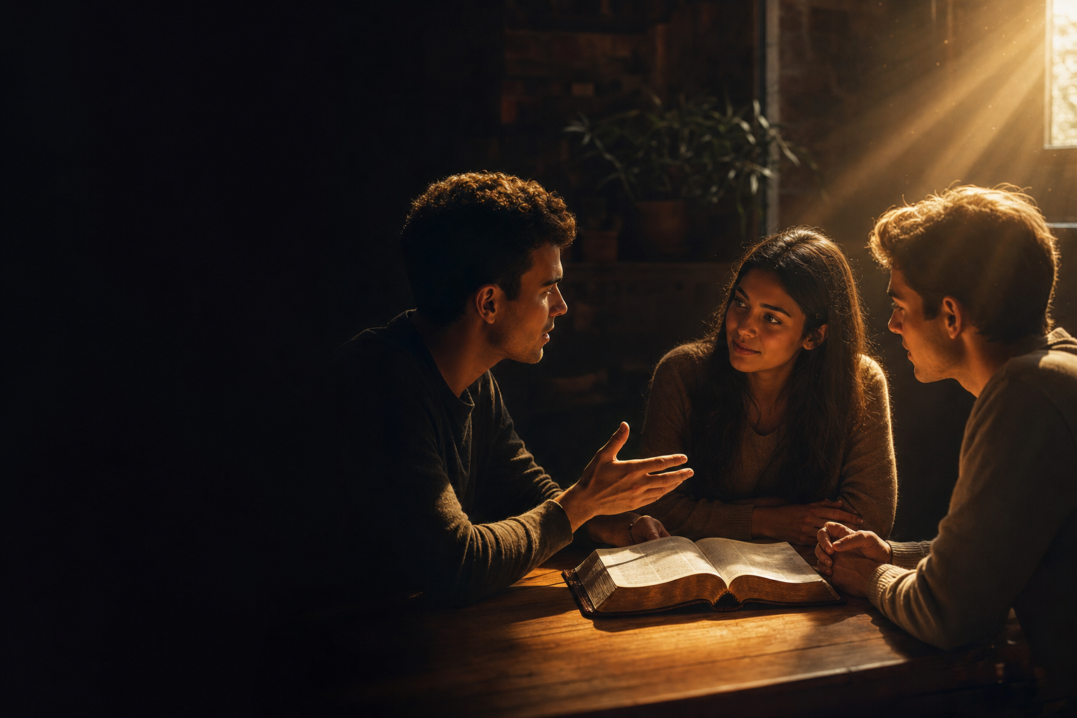 Three young adults in deep conversation around an open Bible, lit by warm golden light